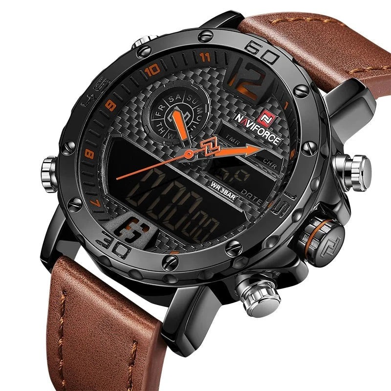 Leather Sports Watches Men's Quartz LED Digital Clock Waterproof Military Wrist Watch