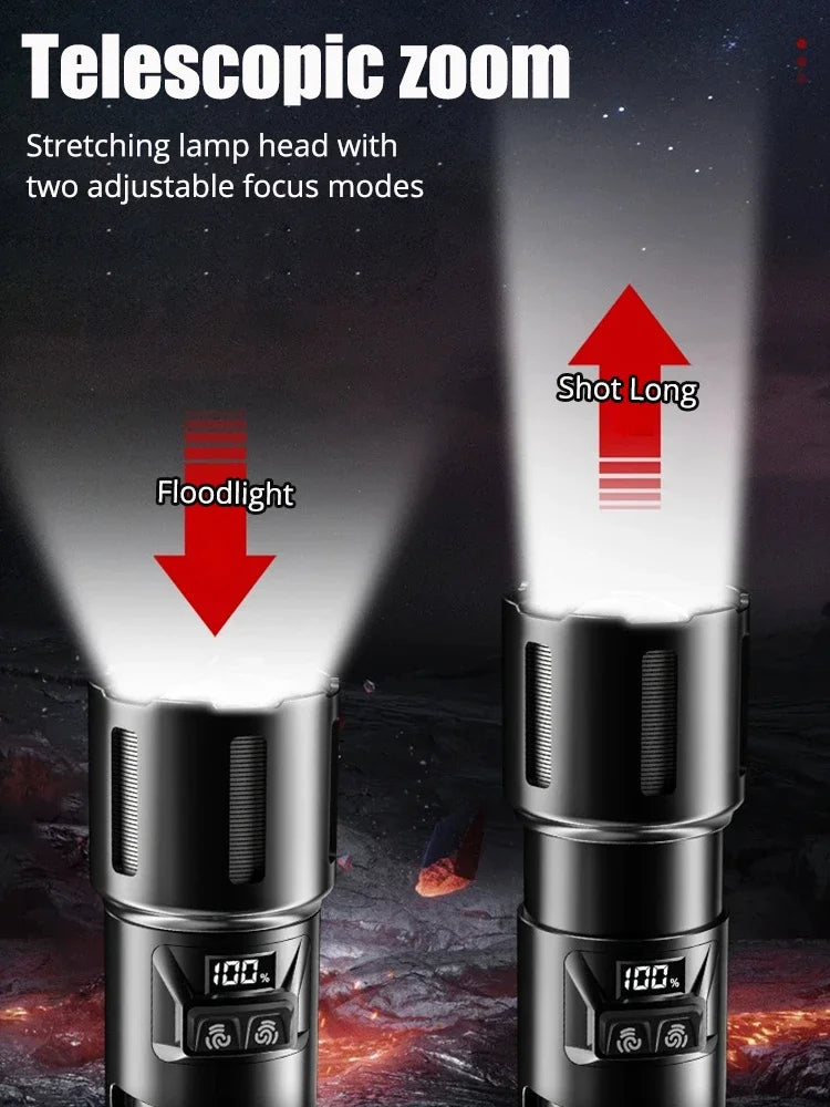 2-in-1 XHP360 High Power Tactical Flashlight Rechargeable Zoom Torch with Camping Light Power Bank Safety Hammer