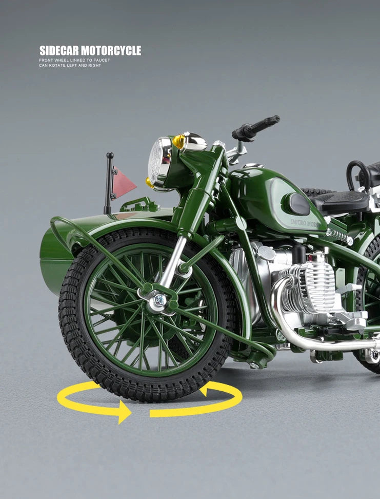1/10 Alloy Retro Tricycle Side-car Motorcycle Model Diecast Metal Classic Military Motorcycle Model Sound and Light Toy Gift