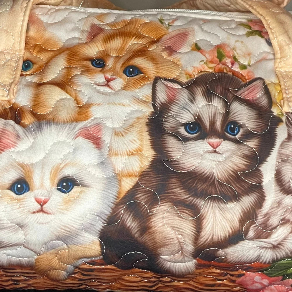 Cute 3D Quilted Cat Tote Bag Halloween Pumpkin Fall Leaves Floral Print Unique Travel Handbag Gift for Cat Lovers Shoulder Purse