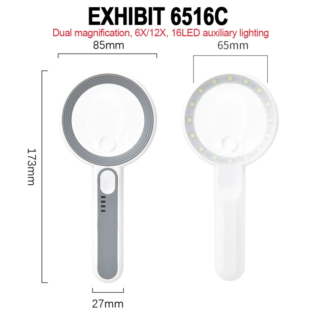 Rechargeable LED Magnifier 5X–12X Handheld with 3 Light Modes