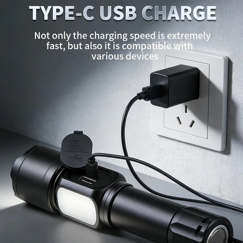 White Laser High Power Rechargeable LED Flashlight with Digital Display Magnet COB Side Light Zoom Torch