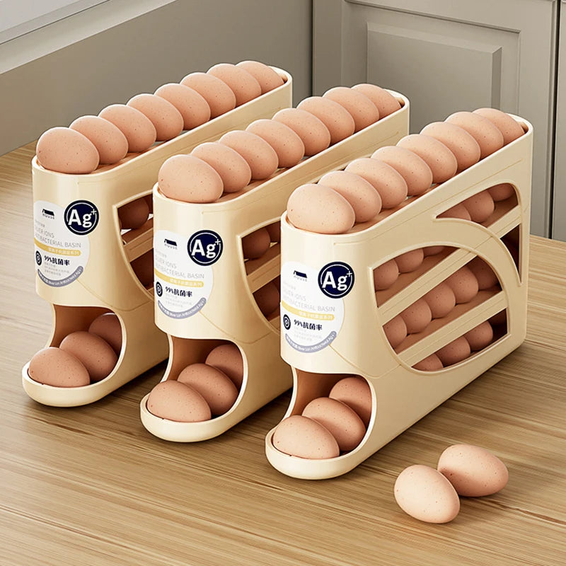 4-Layer Automatic Rolling Egg Holder Rack – Refrigerator Egg Storage Box Kitchen Organizer