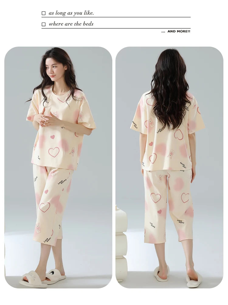 2-Pcs Women’s Summer Cotton Pajama Set – Short Sleeve Top & Calf-Length Pants with Cute Prints