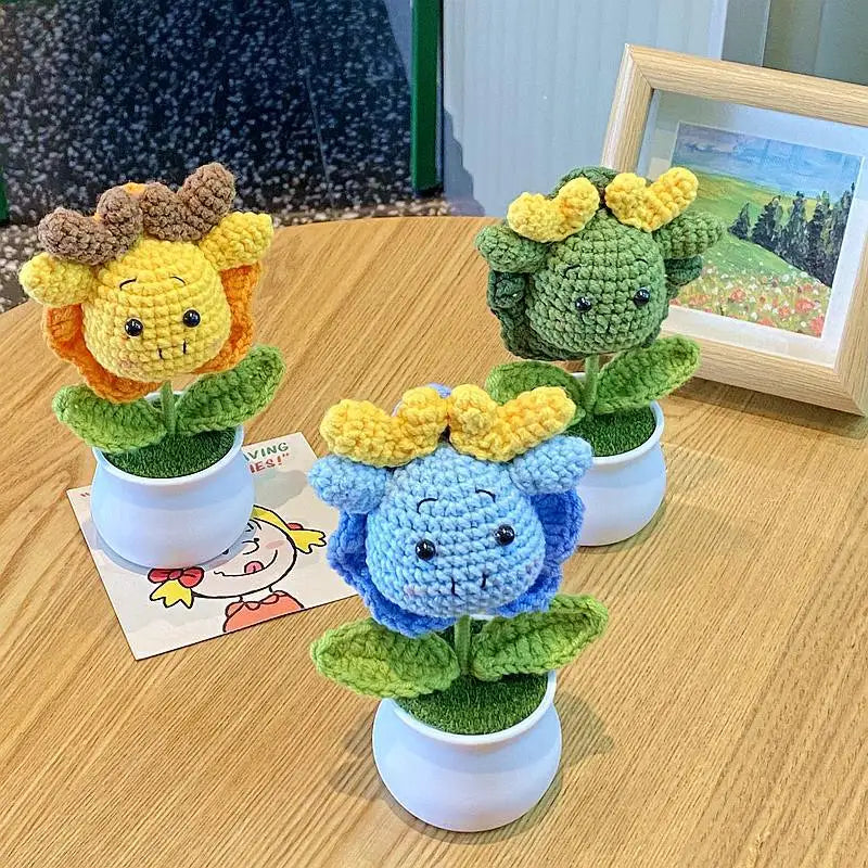 3 Pcs Handmade Crochet Dragon Flower Pot Home Room Decoration Finished Wool Knitting Office Desktop Ornament Christmas Birthday Gifts