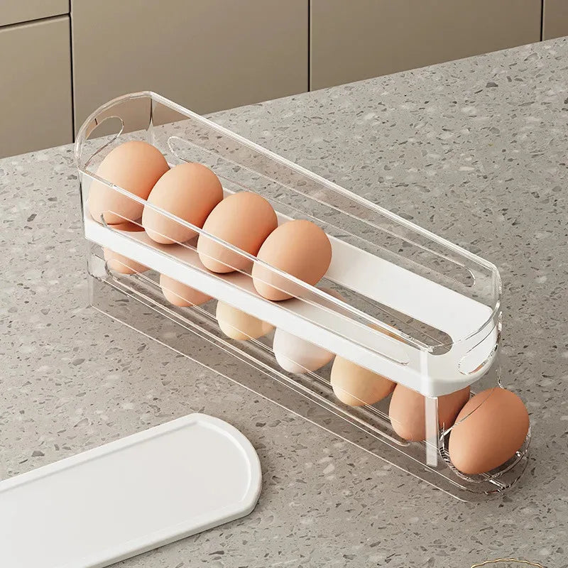 Double-Layer Ladder Style Egg Storage Box – Automatic Rolling Refrigerator Egg Holder Rack for Kitchen
