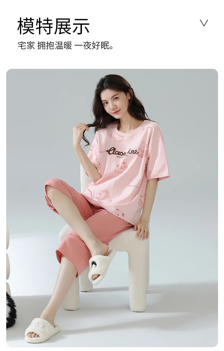 2-Pcs Women’s Summer Cotton Pajama Set – Breathable Short Sleeve Sleepwear with Cute Prints