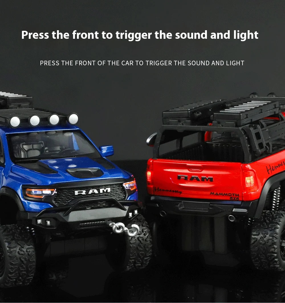 ﻿1:32 Dodge Tyrannosaurus Rex RAM 1500 TRX 6*6 Warlord Alloy Miniature Car Diecast Metal Scale Model Sound ＆ Light Toy Car