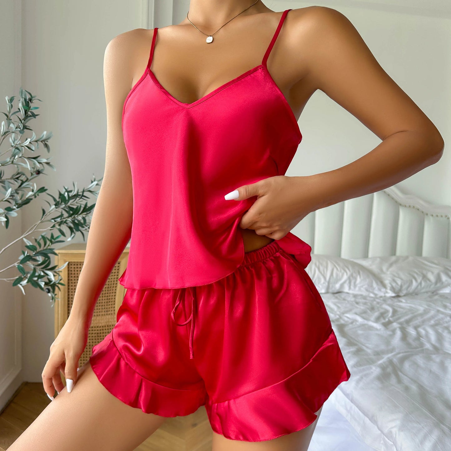 Simple Satin Pajama Set Long Sleeve Belted Robe  V Neck Cami Top And Shorts Women's Sleepwear