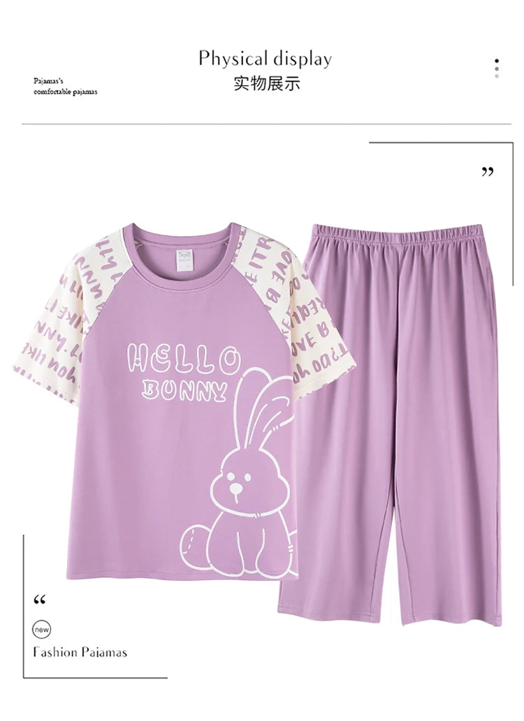 2-Pcs Women’s Cotton Pajama Set – Breathable Short Sleeve Summer Sleepwear with Cute Prints