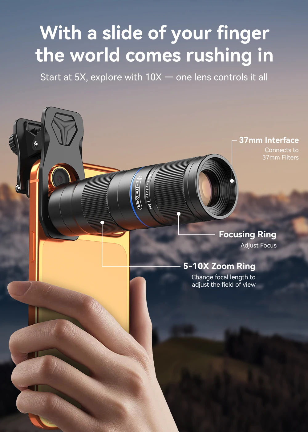 5X to 10X Telephoto Zoom Smartphone Lens with Universal Clip
