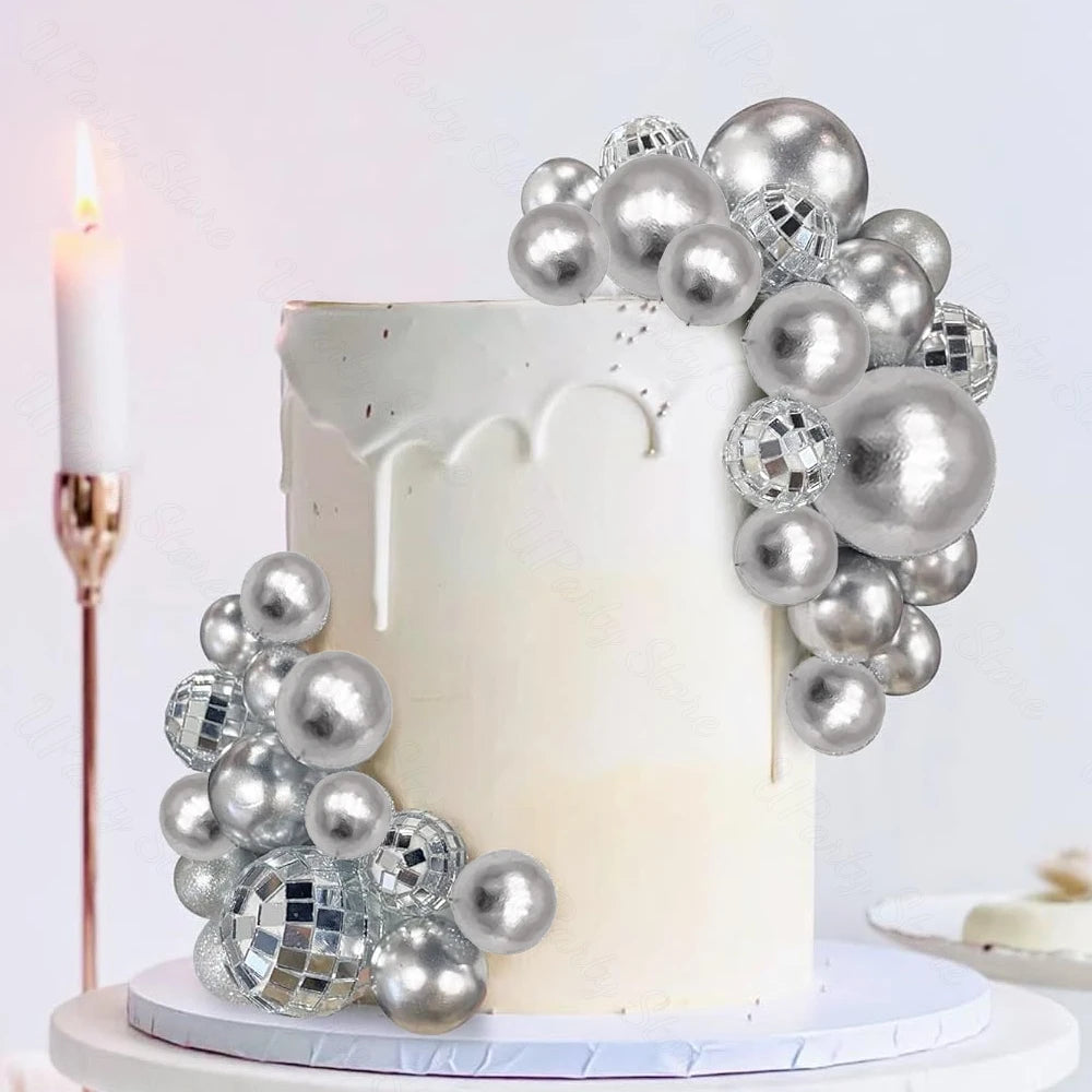 30Pcs Hot Pink Cake Balls Topper  Pink Silver Glitters Disco Balls Cake Toppers for Wedding Disco Birthday Cake Decor Supply