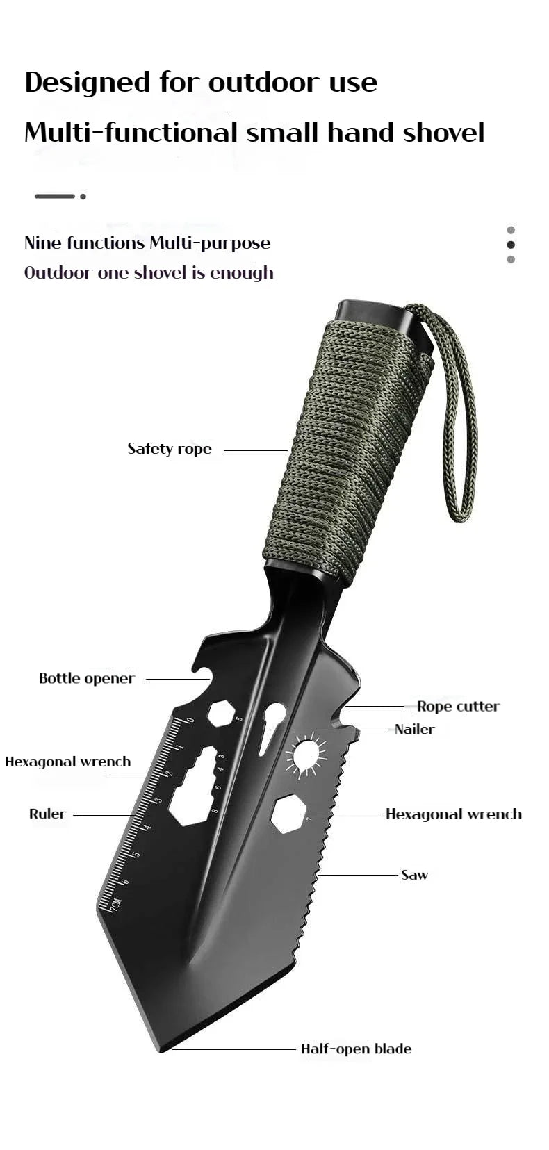 Outdoor hand shovel made of high carbon steel with rope handle suitable for camping/fishing/outdoor adventure/garden hand tools