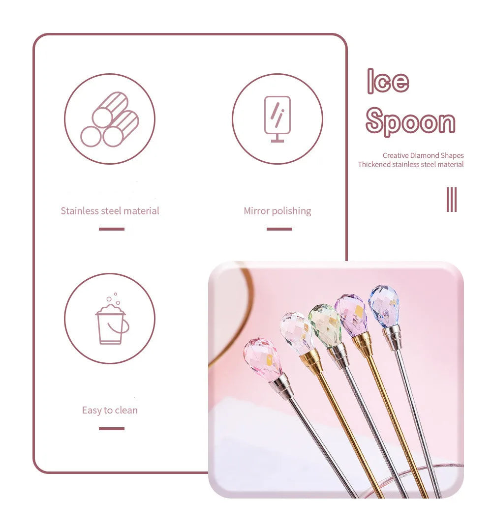 4pcs Diamond Coffee Spoon Stainless Steel Long Stirring Spoon Exquisite Crystal Teaspoon for Cafe Ice Cream Dessert Cocktail Mug