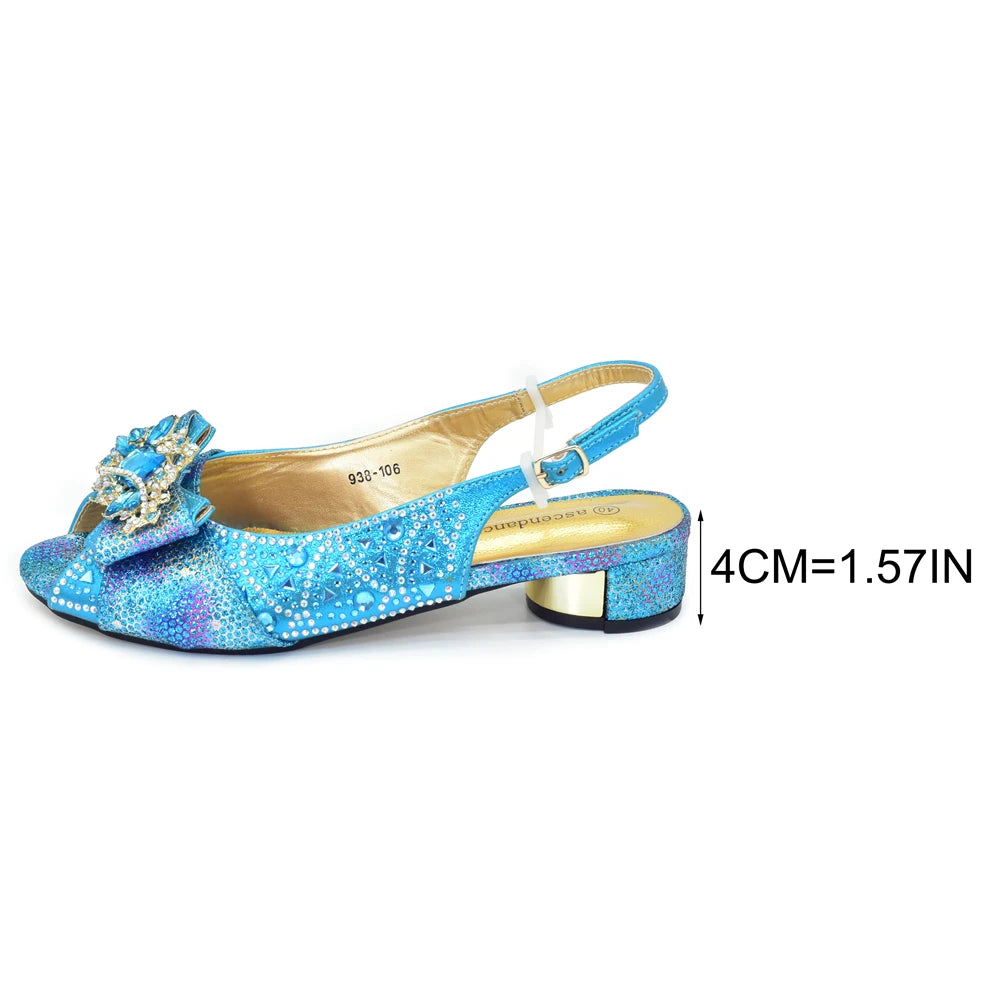 Women Low Heels Sandals Shinning Material with Rhinestone Italian Design Sky Blue Color Peep Toe Shoes and Bags Set
