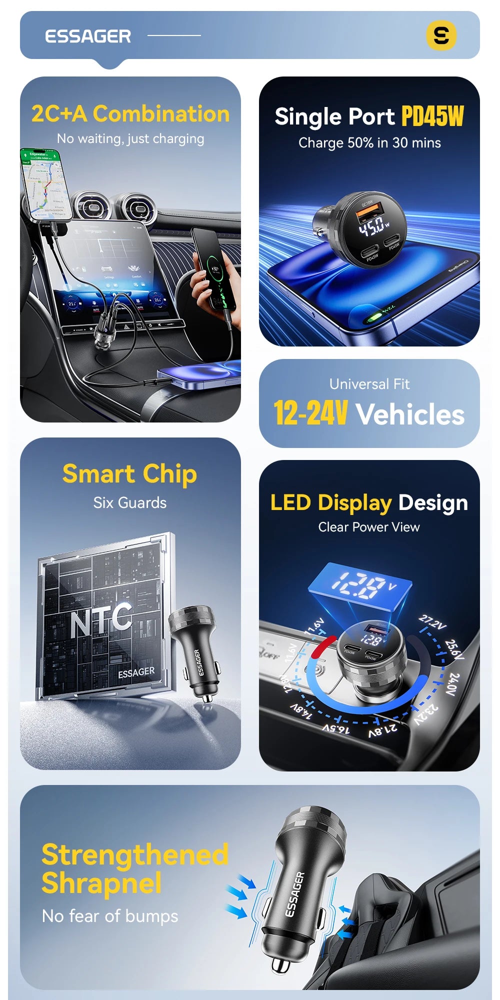 108W USB C Car Charger 3 Ports PD 3.0 Fast Charging Digital Display Dual Type C + USB Adapter