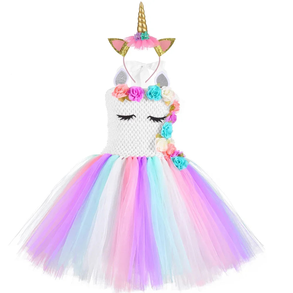 Rainbow Unicorn Princess Dress with Angel Wings Party Costume