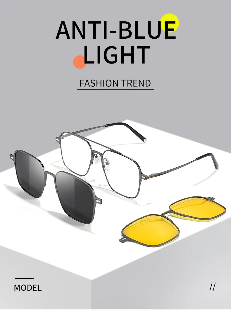 Titanium 3 In 1 Magnetic Clip On Polarized Sunglasses UV400 Optical Computer Glasses for Men Women