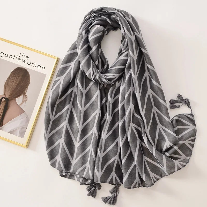 Beige Coffee Scarf Luxury Thin Women Scarves Spring Floral Hijab Veils Soft Cotton Shawl Wrap Tassel Viscose Muslim Woman Hijab