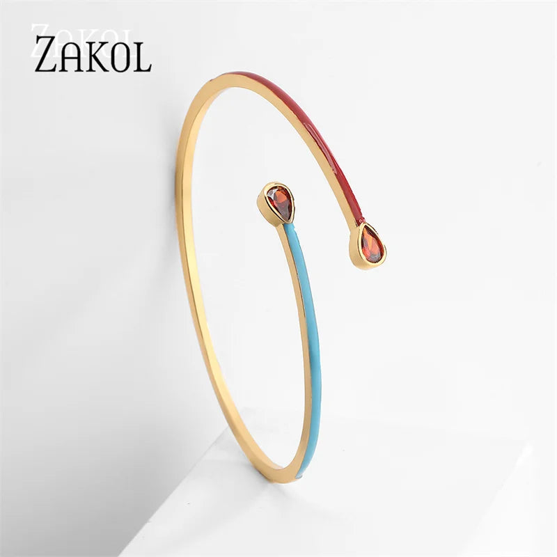 Luxury Water Drop Cubic Zirconia Enamel Cuff Bangle for Women Ethnic Style Dripping Oil Bangle