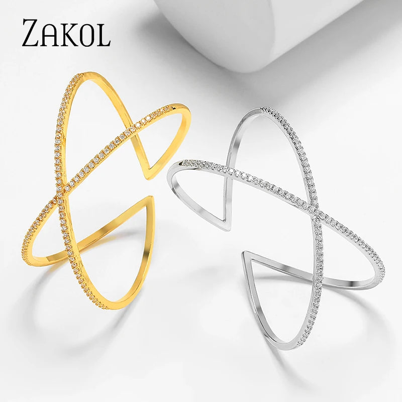 Luxury Cubic Zirconia X shape Cuff Bangles For Women Fashion Cross Girl