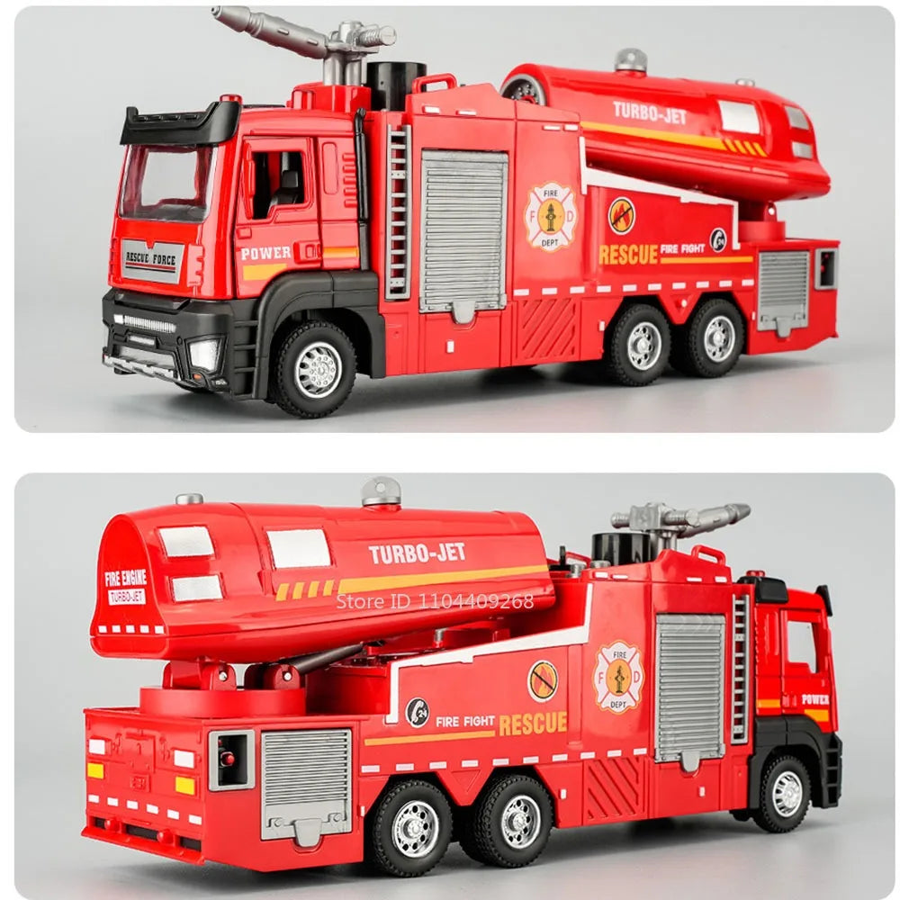 1:32 Water Spray Fog Fire Truck Model Sweeper Toy Car Sound Light Pull Back Doors Opened Vehicles Collection  Gifts