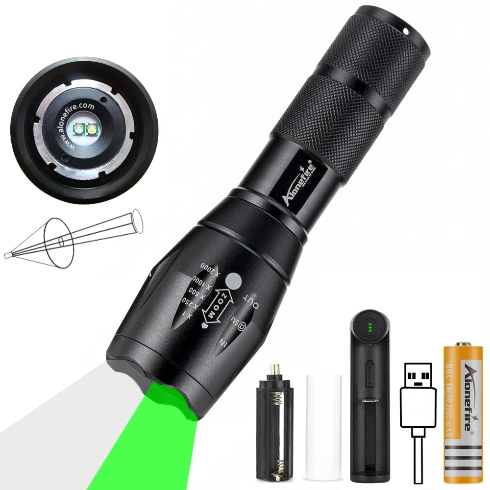 2 In 1 White Green Light Zoom Rechargeable Flashlight