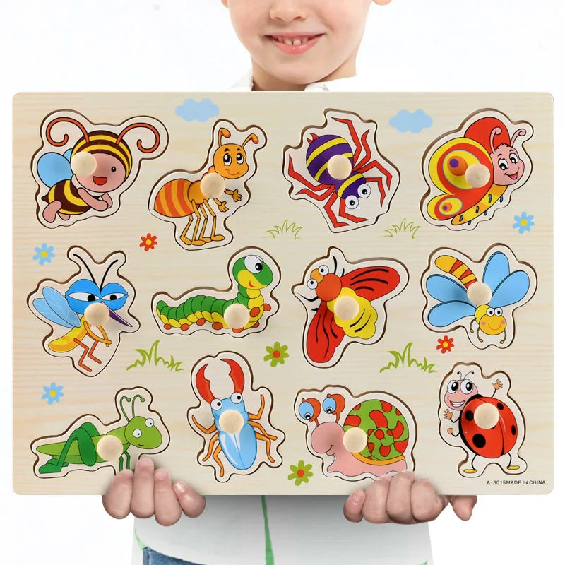 Montessori Wooden Puzzles Hand Grab Boards Toys Tangram Jigsaw  Educational Toys Cartoon Vehicle Animals Fruits 3D Puzzles