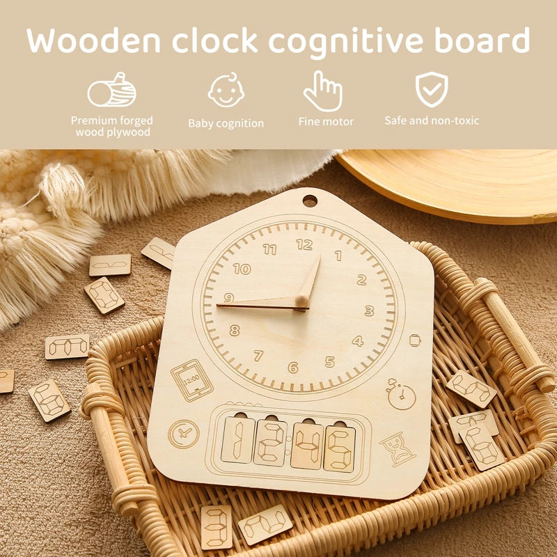 Baby Montessori Management Time Toy Turn The Pointer Education Parent-child interaction Inlaid Thin Wood Chips Game for Children