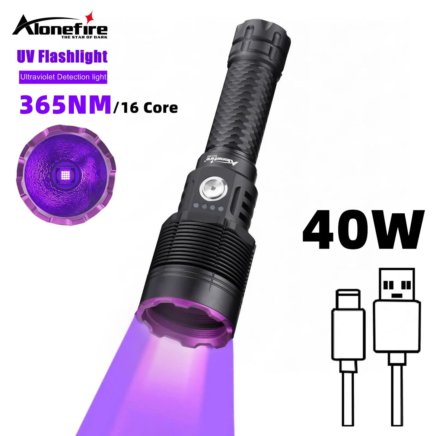 40W 365nm UV Rechargeable Blacklight Flashlight