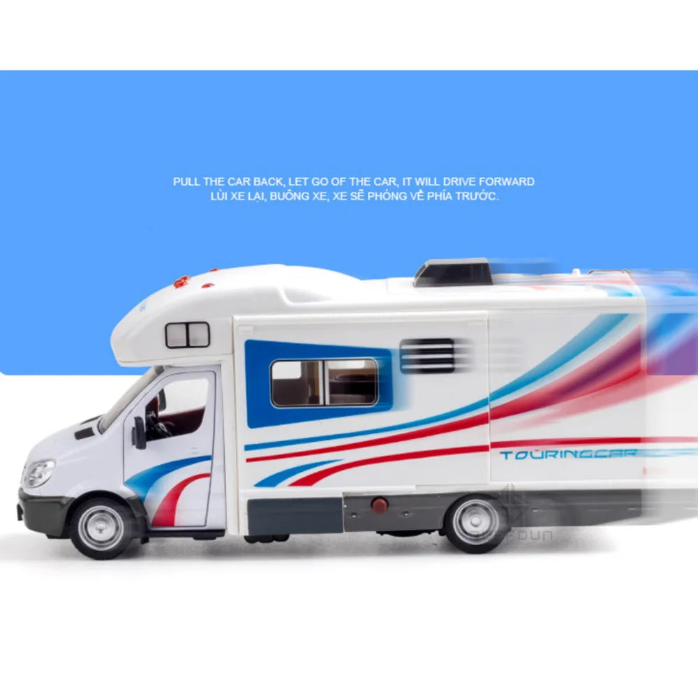 1:32 Alloy Diecast Touring Car Model Toys 3 Doors Opened Sound Light Campervan RV Trailer Vehicles s Toy Gift Collection