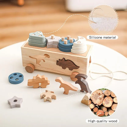 Montessori Shape Sorter Silicone Wooden Pull Along Car Dinosaur Shape Sorter Matching Blocks Box Kid  Intellece Educational Toys