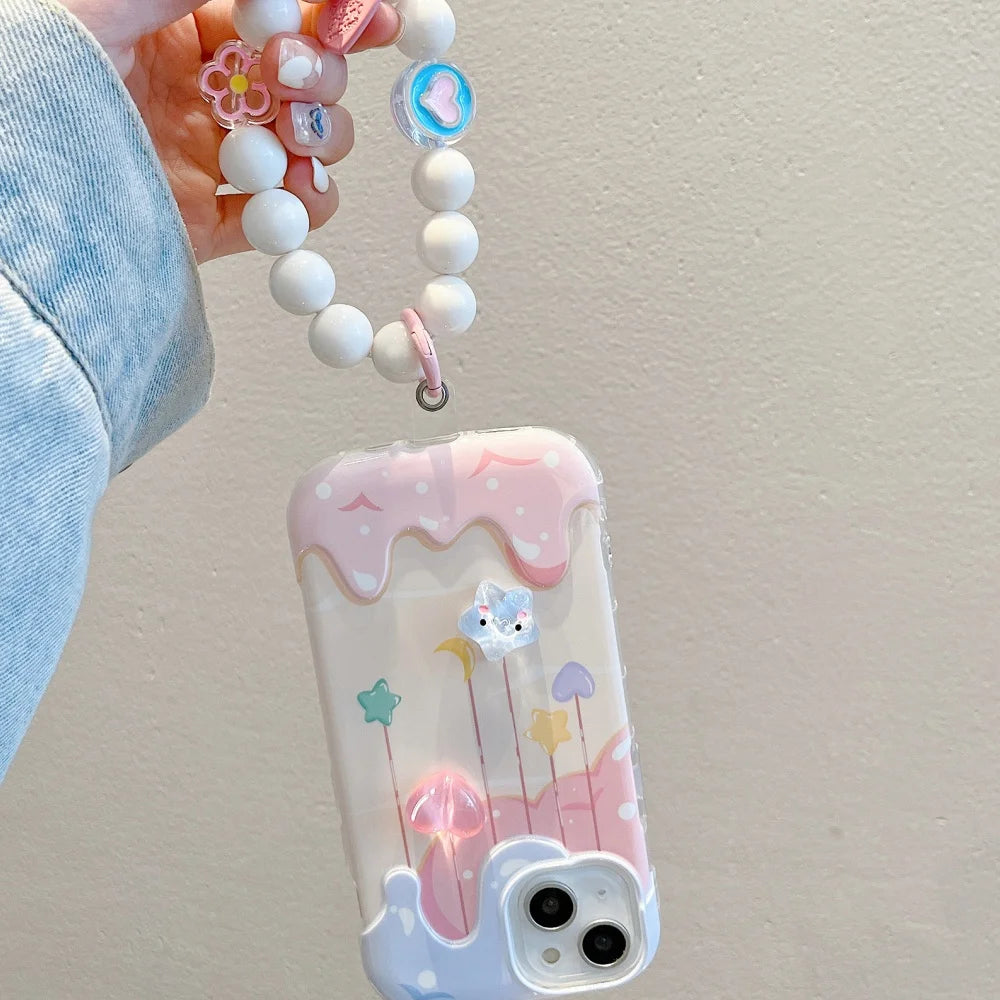 Cartoon 3D Heart Star Ice Cream Bead Strap Phone Case For iPhone 15 13 14 Pro Max Plus INS Lovely Soft Silicone Back Cover