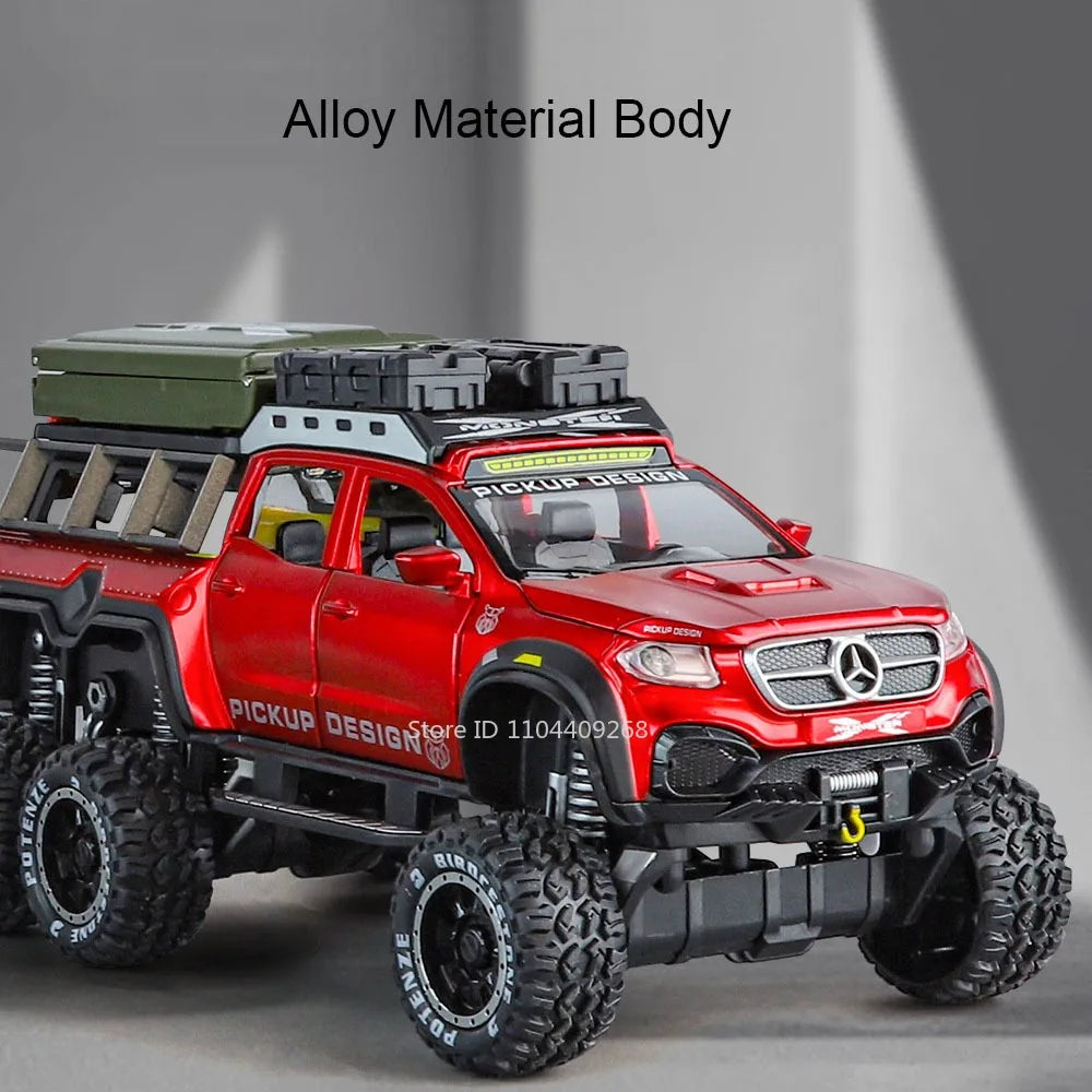 1:28 Scale UNIMOG Motorhome X-Class 6x6 U5000 Car Model Toy Sound Light Pull Back Doors Opened Off-road Vehicle Models Boys Gift