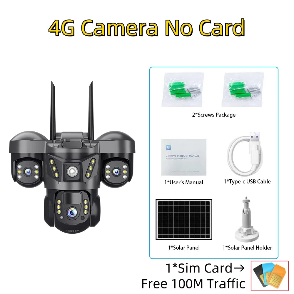 Solar Camera 4G Sim Card 15MP Outdoor 3 Lens 3 Screen PIR Human Detect Network IP Cameras Night Vision CCTV Security Protection