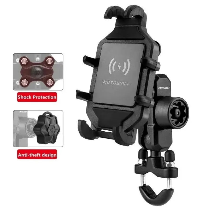 Anti-Thief Motorcycle Bike Mobile Phone Holder Fast 15W Wireless Charging Charger Cycling Mirror Stand Handlebar Mount