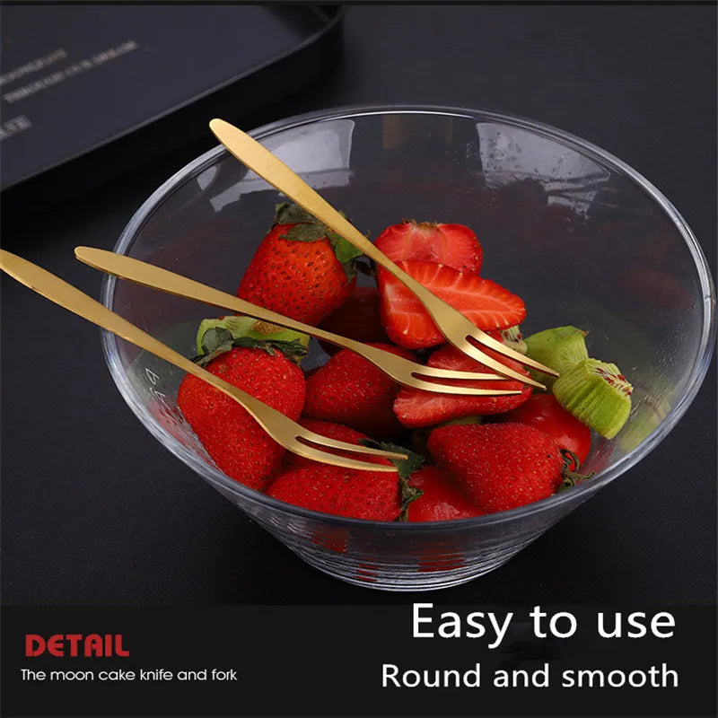10pcs Stainless Steel Fruit Fork Small Toothpick Multifunctional Fruit Stick Gold Moon Cake Knife Food Picks Kitchen Accessories