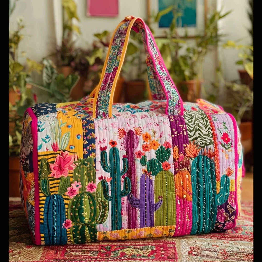 Quilted 3D Printed Cactus Floral Travel Duffel Bag Lightweight Polyester Spacious Carry-On Bag for Weekend Trips Gym Vacation