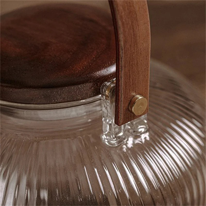 800ml Vertical Stripes Glass Teapot with Wooden Beam Handle and Tea Infuser