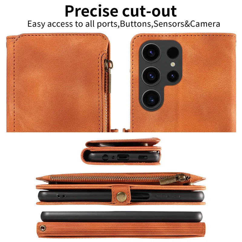 Luxury Leather Flip Wallet Case with Lanyard for Samsung Galaxy S26 / S25 / S24 / S23 Ultra & Plus – Magnetic Full Coverage Phone Bag Cover