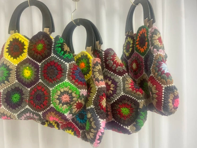 Bohemian Granny Square Crochet Tote Bag Handmade Knitted Shopper Handbag