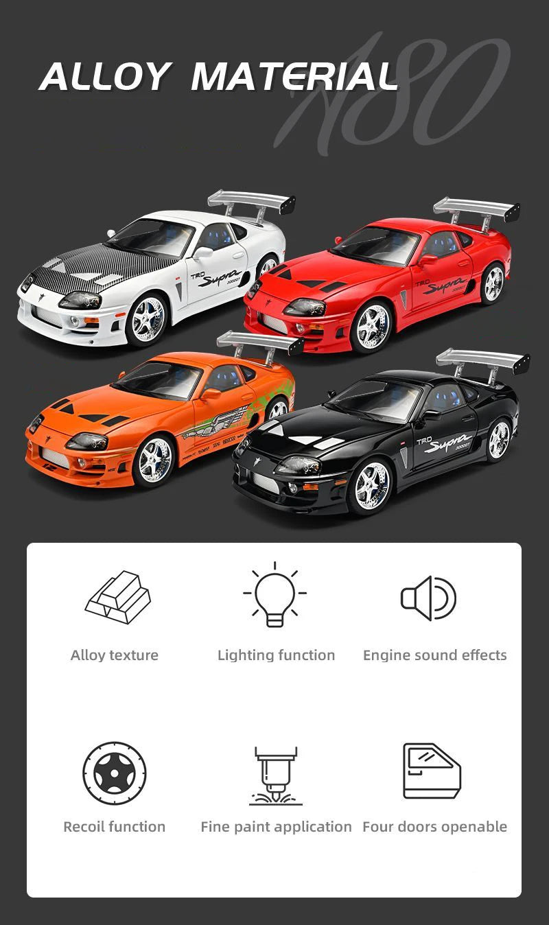 1 24 Scale Supra A80 JDM Supercar Diecast Pull Back Model Car with Sound and Light