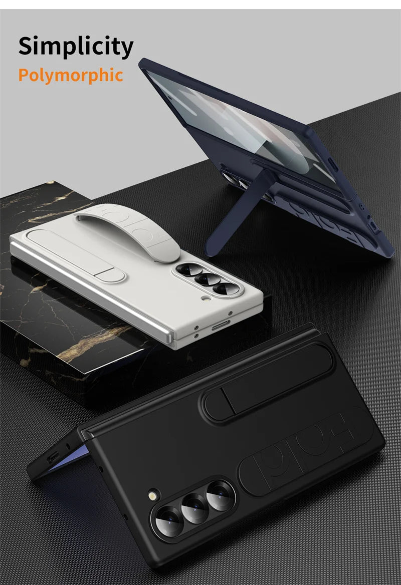 Wristband Foldable Stand Funda for Samsung Galaxy Z Fold 6 4 5 3 Fold5 5G Case Front Glass Lens Protection PC Plastic Cover Capa