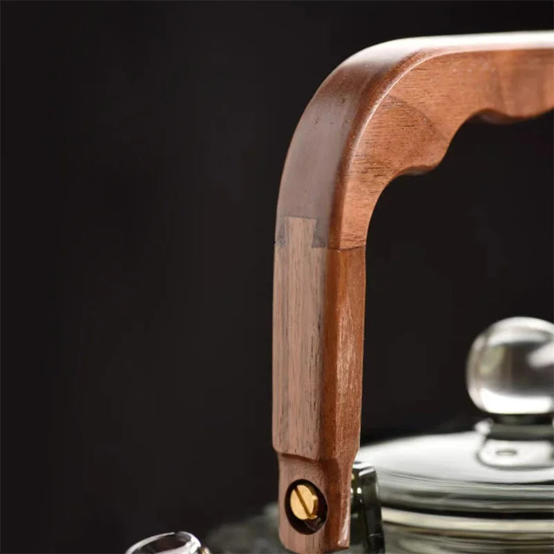 Large Capacity 1200ml Vertical Stripe Pattern Glass Tea Pot Kungfu Tea Set Wooden Beam Tea Kettle Brewing Puer Teapot Teaware