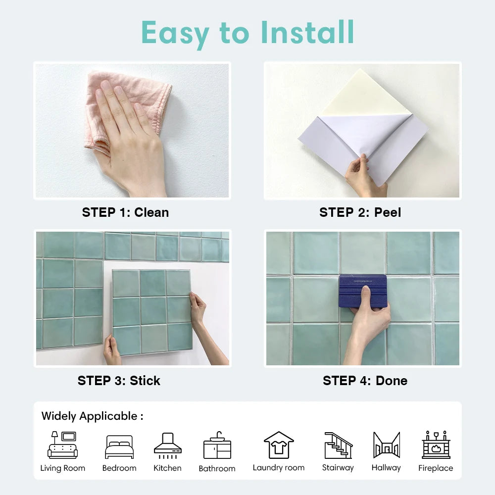 10pcs 3D Tile Stickers, Self-adhesive Green Tile Backsplash for Kitchen Bathroom, Waterproof, Matt, 30 x 30cm, Interior Wall Decor