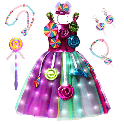 LED Light Up Princess Candy Dress For Girl Lollipop Party Clothing Kids Cosplay Costume New Years Dress 2-10Y