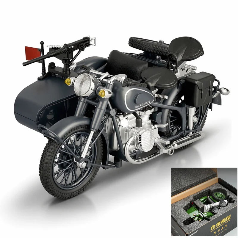 Diecast Retro Military Sidecar Motorcycle Model 1 to 10 Scale