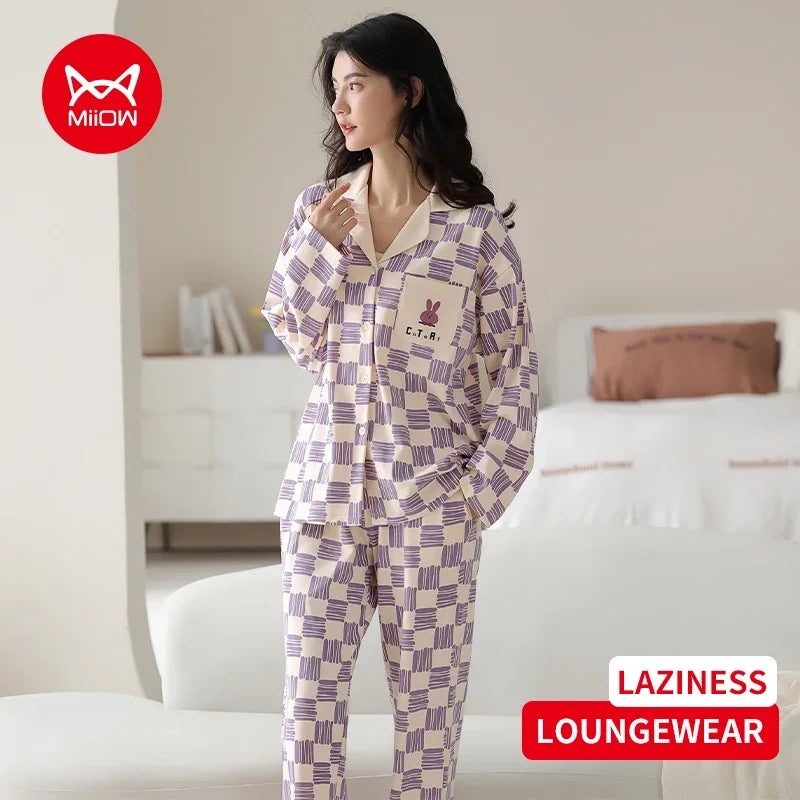 Women’s Winter 100% Cotton Pajama Set – Loose Fit, Turn-Down Collar, Long Sleeves, Cute Pink