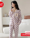Women’s Winter 100% Cotton Pajama Set – Loose Fit, Turn-Down Collar, Long Sleeves, Cute Pink