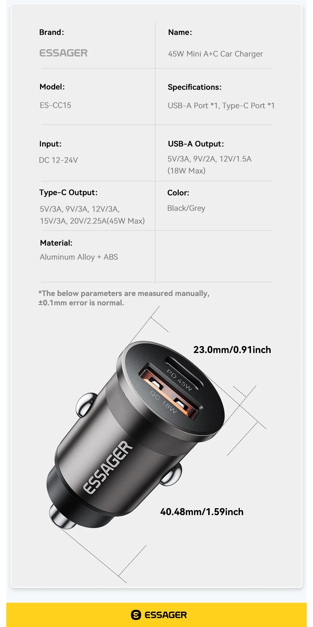 45W Mini USB-C + USB Fast Car Charger (PD 3.0 + QC 3.0)